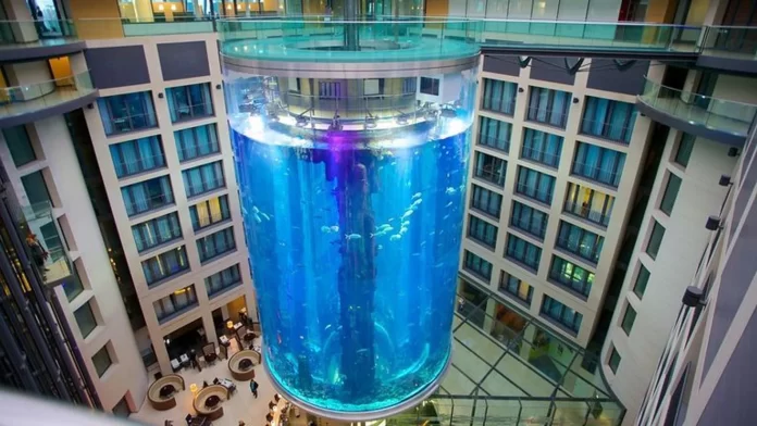 aquadom-berlin-acuario-cilindrico-mas-grande-mundo Según el 'Bild', la rotura se ha debido a la fatiga de materiales, a pesar de que el 'AguaDom' se reabrió en verano de 2020 tras dos años y medio de renovación y un coste de 2,6 millones de euros.