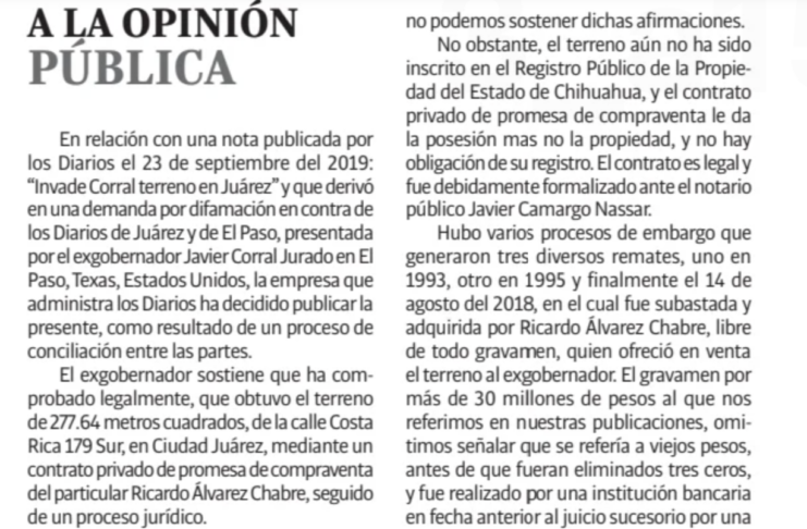 Tras 7 años de mentiras El Diario admite que difamó a Javier Corral para evitar juicio en Texas